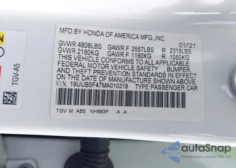 2021 Acura Tlx Technology Package из США, поврежденный, VIN 19UUB5F47MA010318